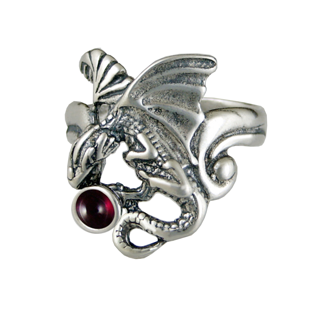 Sterling Silver Detailed Dragon Ring With Garnet Size 7